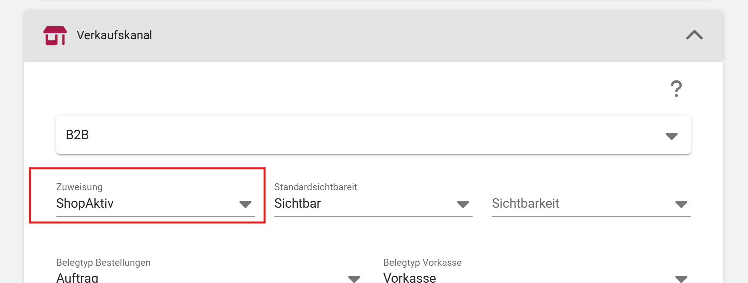 Bereich Verkaufskanal in den Einstellungen (Artikel Kennzeichen)