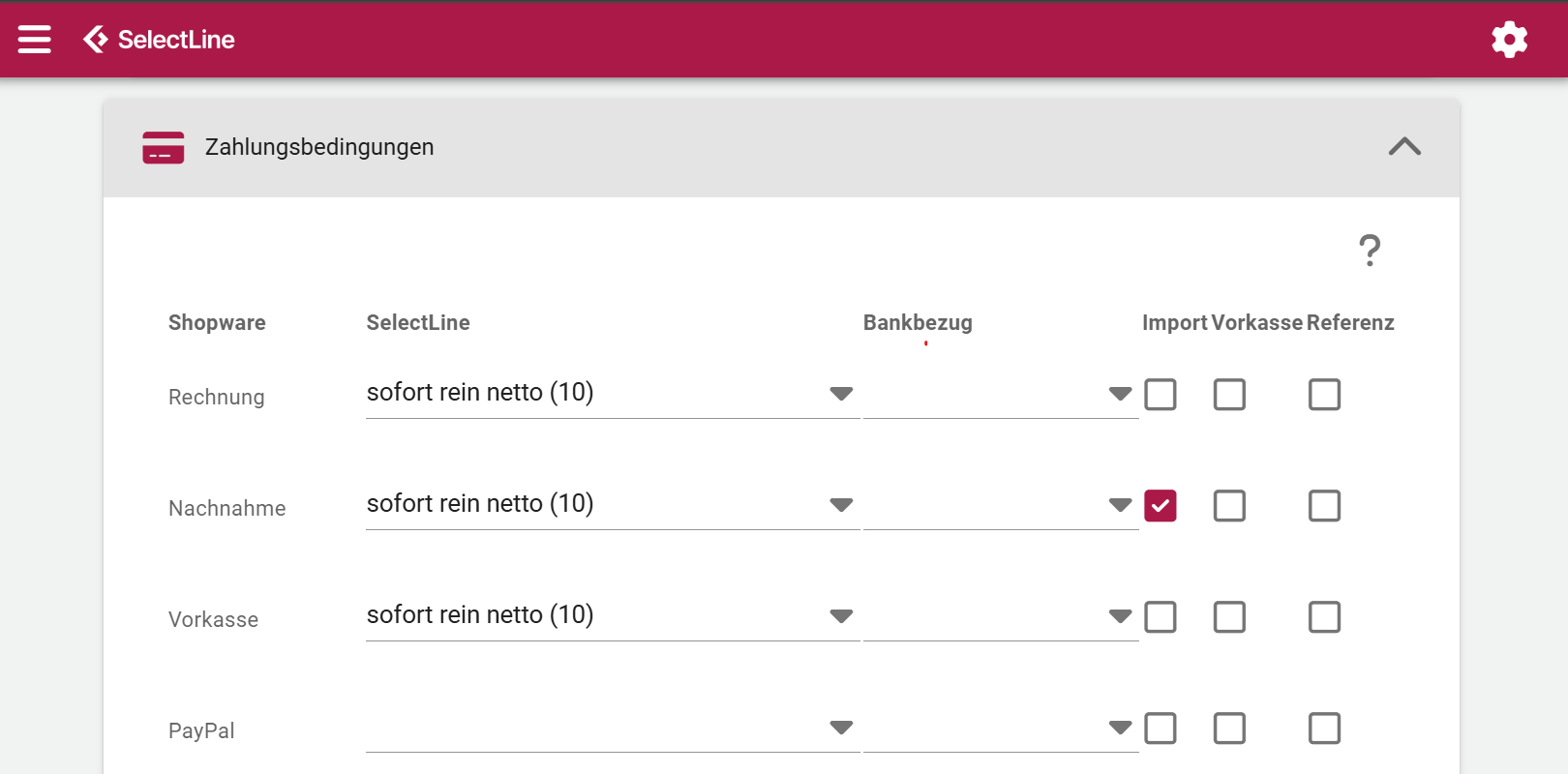 Bereich Zahlungsbedingungen in den Einstellungen