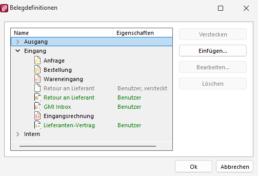 Die Belegdefinitionen der SelectLine mit der Belegart GMI Inbox