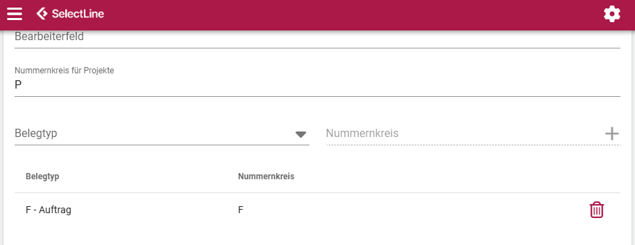 Nummernkreis für Projekte und die Tabelle der Belegtypen